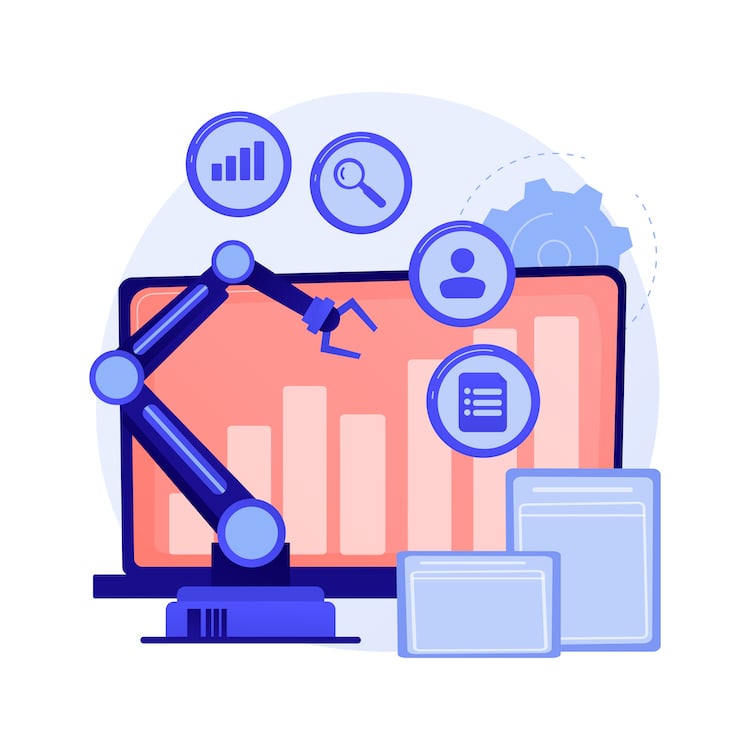 Automation in Data Analysis: An illustration showcasing a robotic arm interacting with data charts on a computer screen, symbolizing the integration of automation and machine learning in data analytics, with additional icons for statistics, magnifying glass, user profile, and document checklist, representing the various aspects of data processing and management by DataSpark.