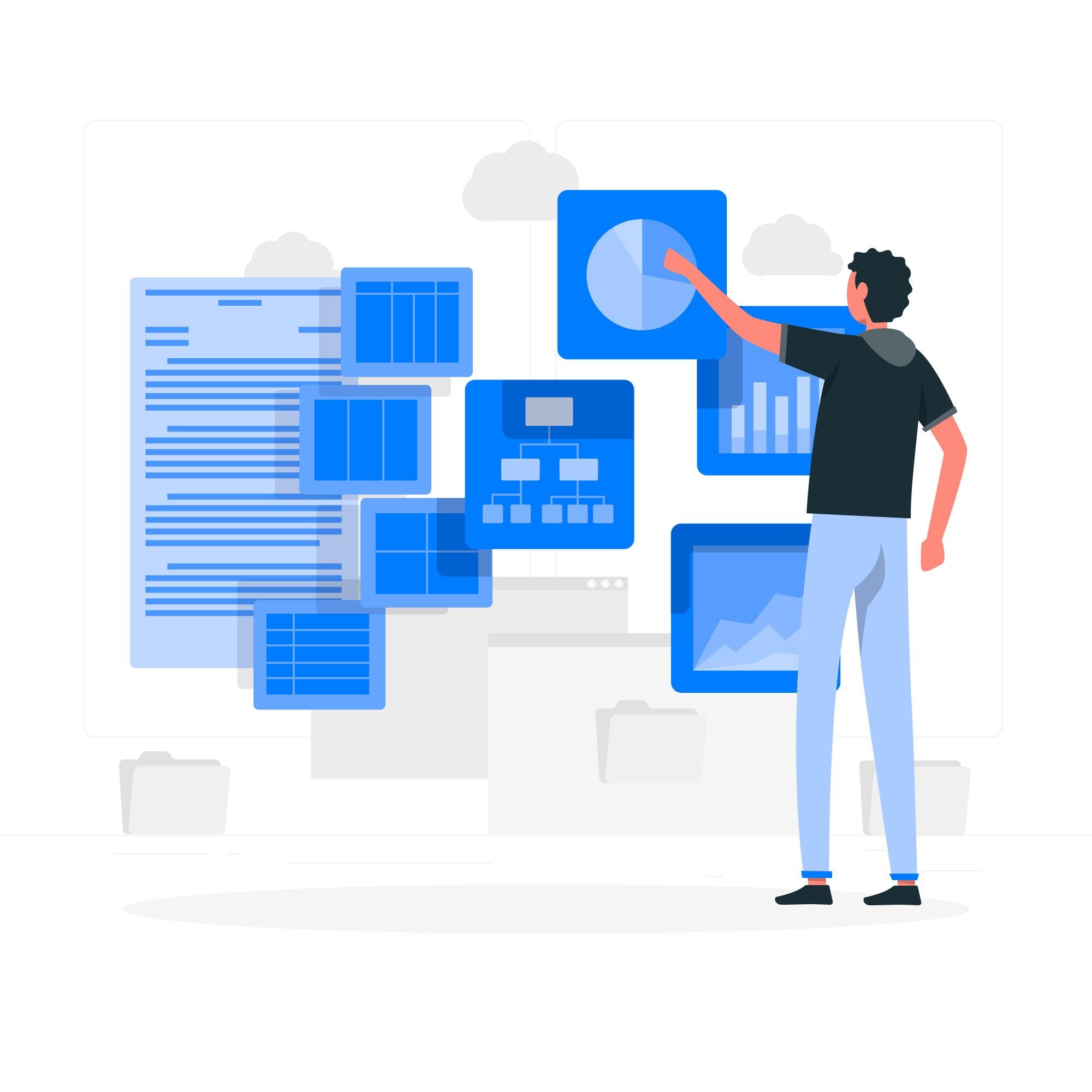 Interactive Data Visualization: A man pointing at a floating interface with dynamic data charts and network structures, depicting real-time data interaction and analysis for informed decision-making, suitable for illustrating the advanced analytics services provided by DataSpark.